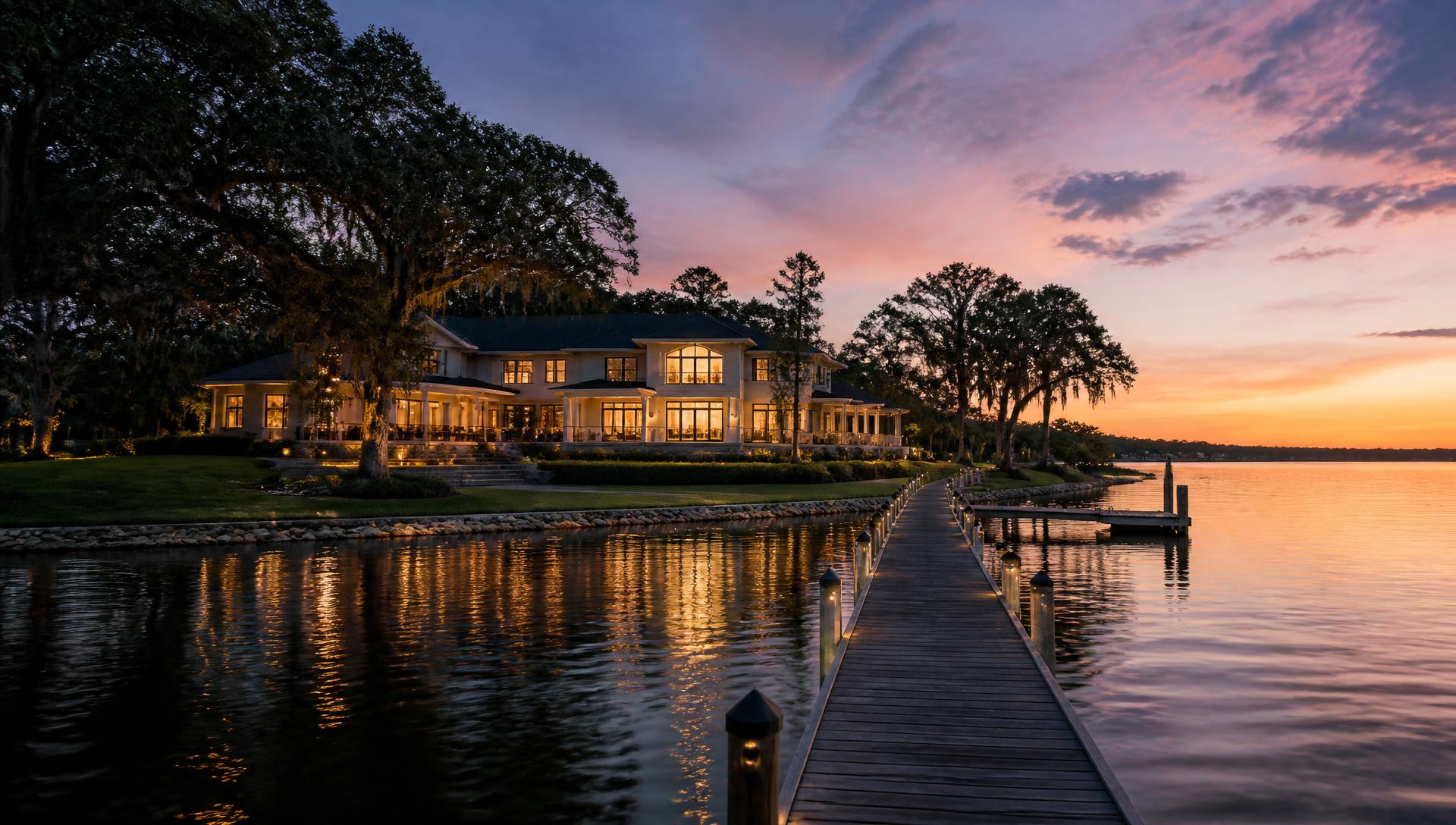 Waterfront luxury estate at dusk on the Butler Chain of Lakes in Windermere, Florida